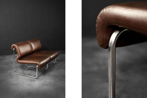 Mid-century modern German vintage canapé lounge, 2-seater, brown steel frame.