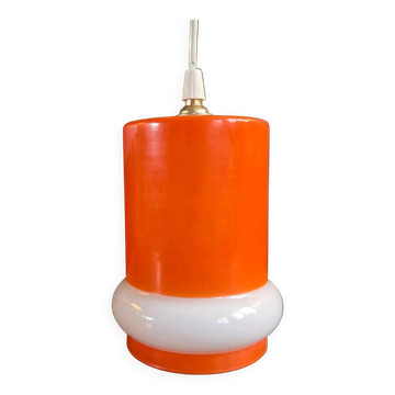 Suspension vintage en verre bicolore orange et blanc