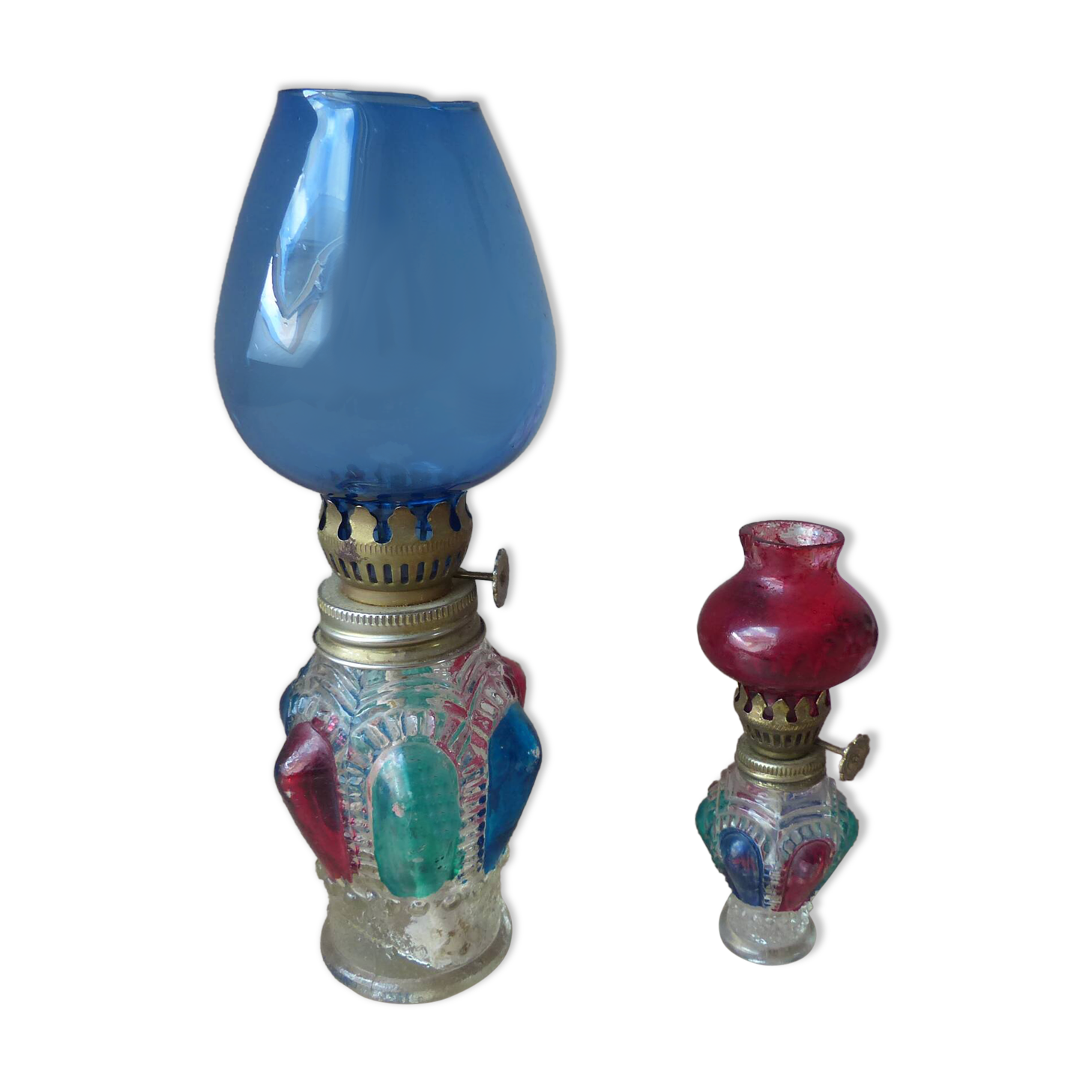 Set of two old hong kong colored glass oil lamps