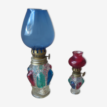 Set of two old hong kong colored glass oil lamps