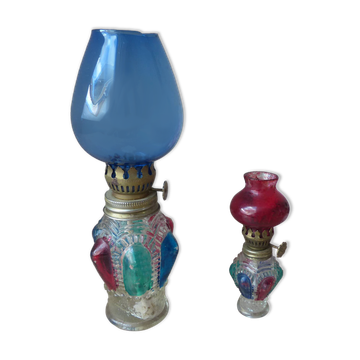 Set of two old coloured glass oil lamps Hong Kong.