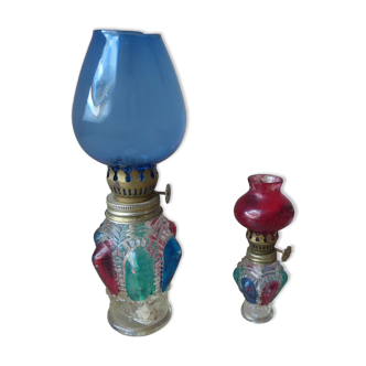 Set of two old hong kong colored glass oil lamps