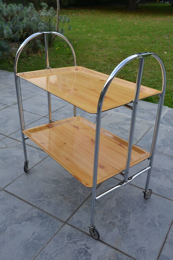 Desserte pliante chariot sur roues métal chromé et formica