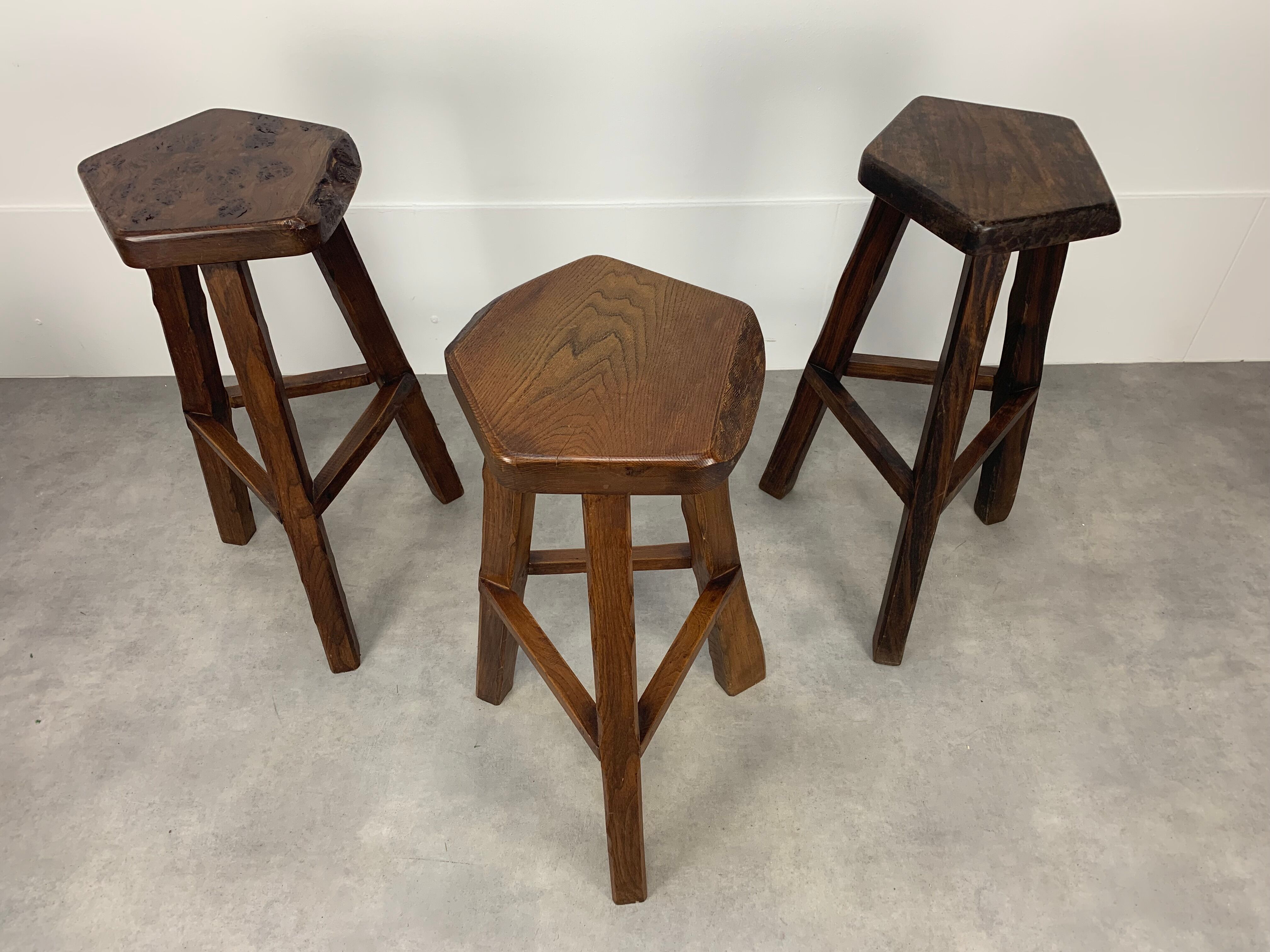 Set of 3 brutalist elm bar stools brand Aranjou