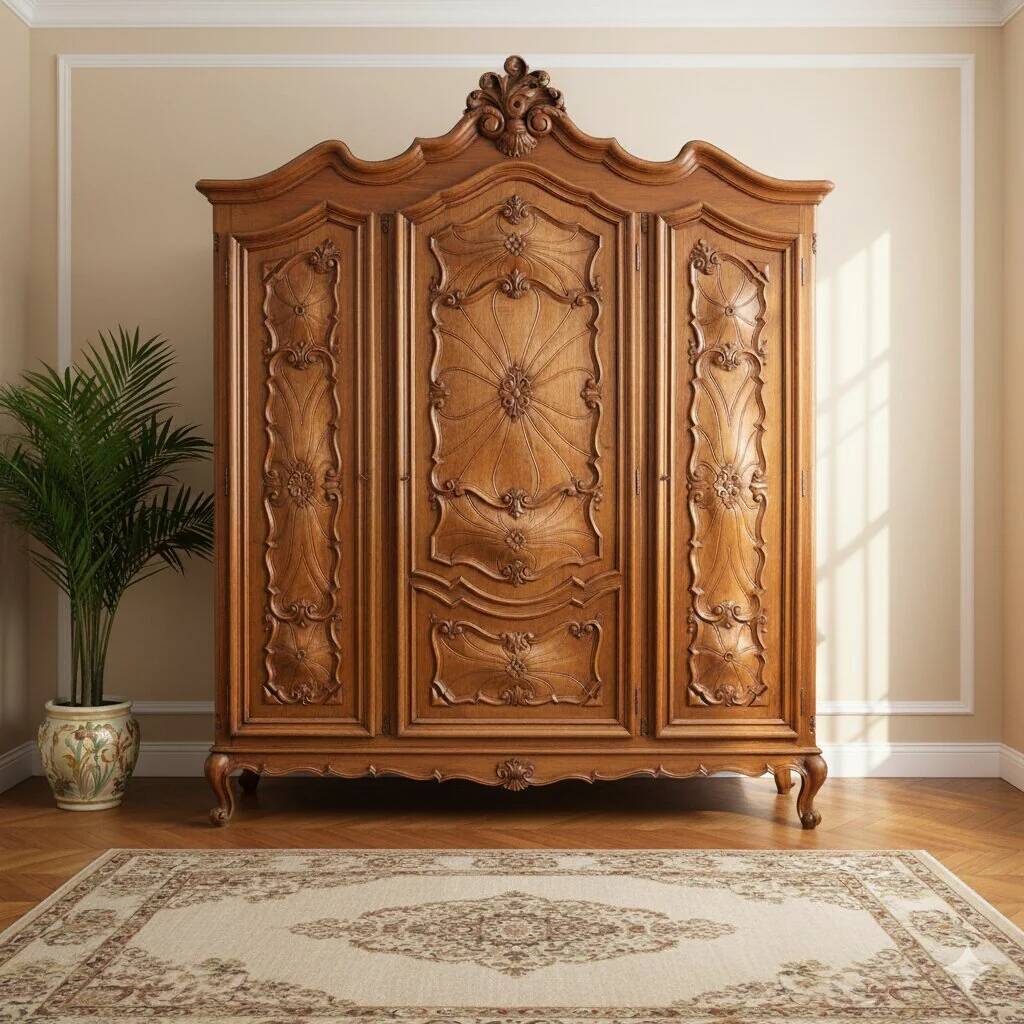 Armoire 3 portes ancienne de style baroque en noyer, XXe siècle