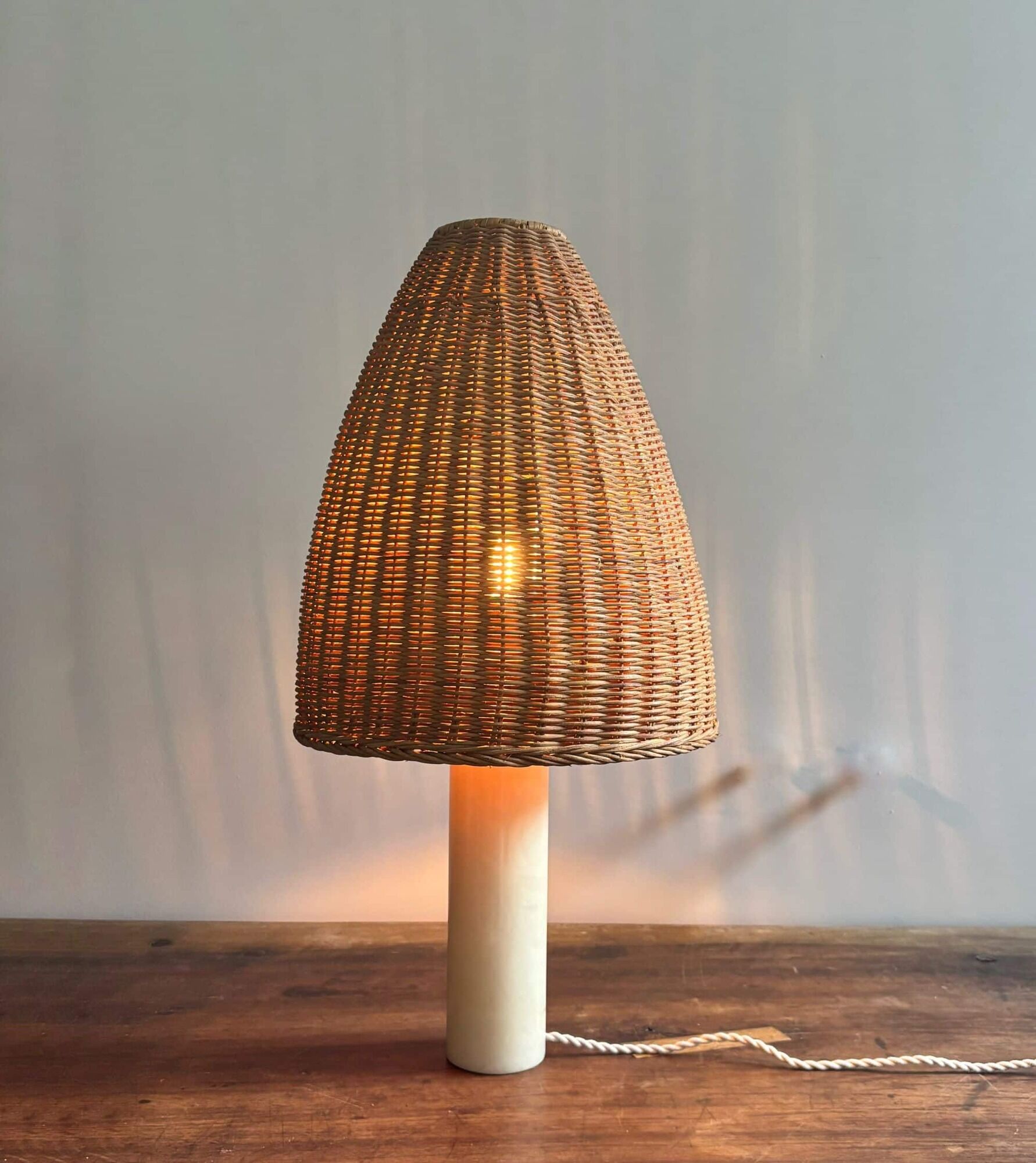 Vintage alabaster table lamp, soft yellow/cream, wicker shade