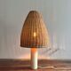 Vintage alabaster table lamp, soft yellow/cream, wicker shade