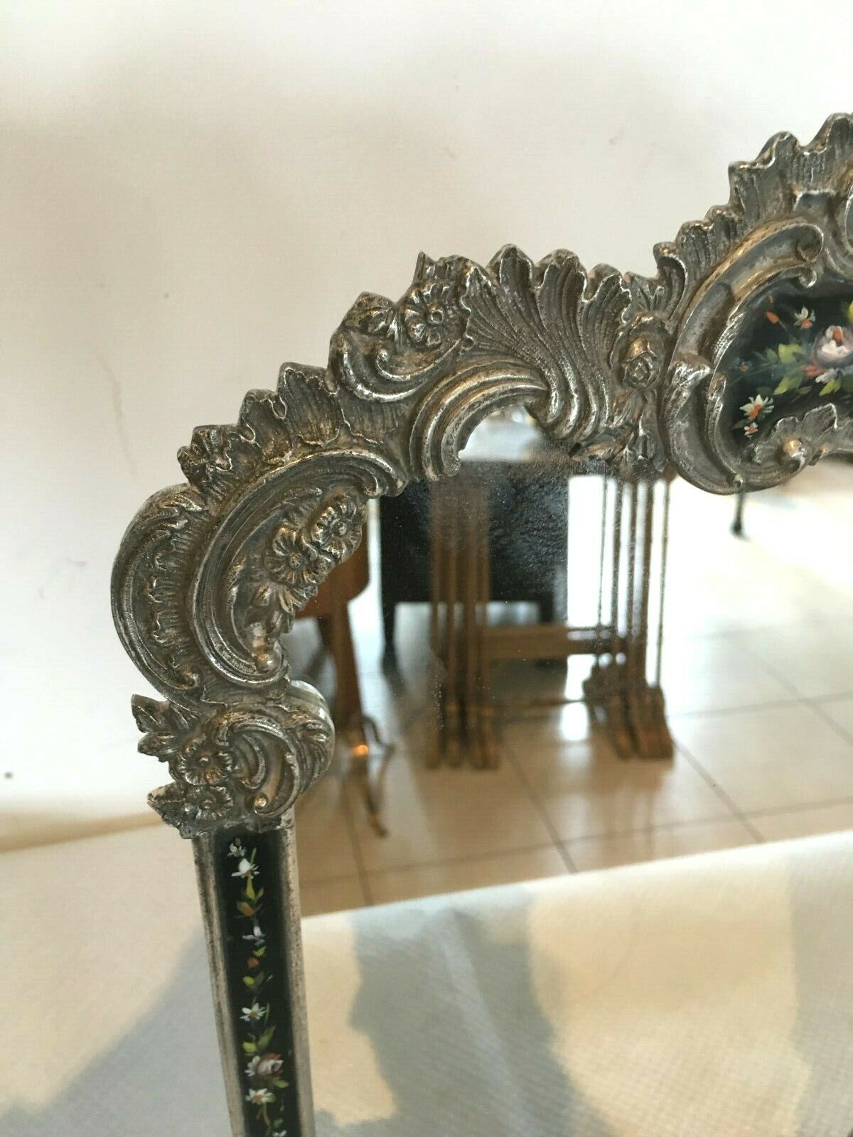 Louis XV style table mirror silver bronze frame floral painting 24x39cm