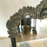 Miroir de table de style Louis XV cadre en bronze argenté peinture florale 24x39cm