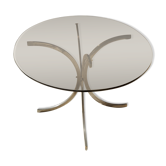 Table de salle a manger ovale en métal et verre fumé années 70