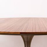 Large round coffee table with tulip leg in brushed aluminum and zebrano 1960.