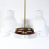 Danish suspension structure in brass and teak with 5 opaline heads
