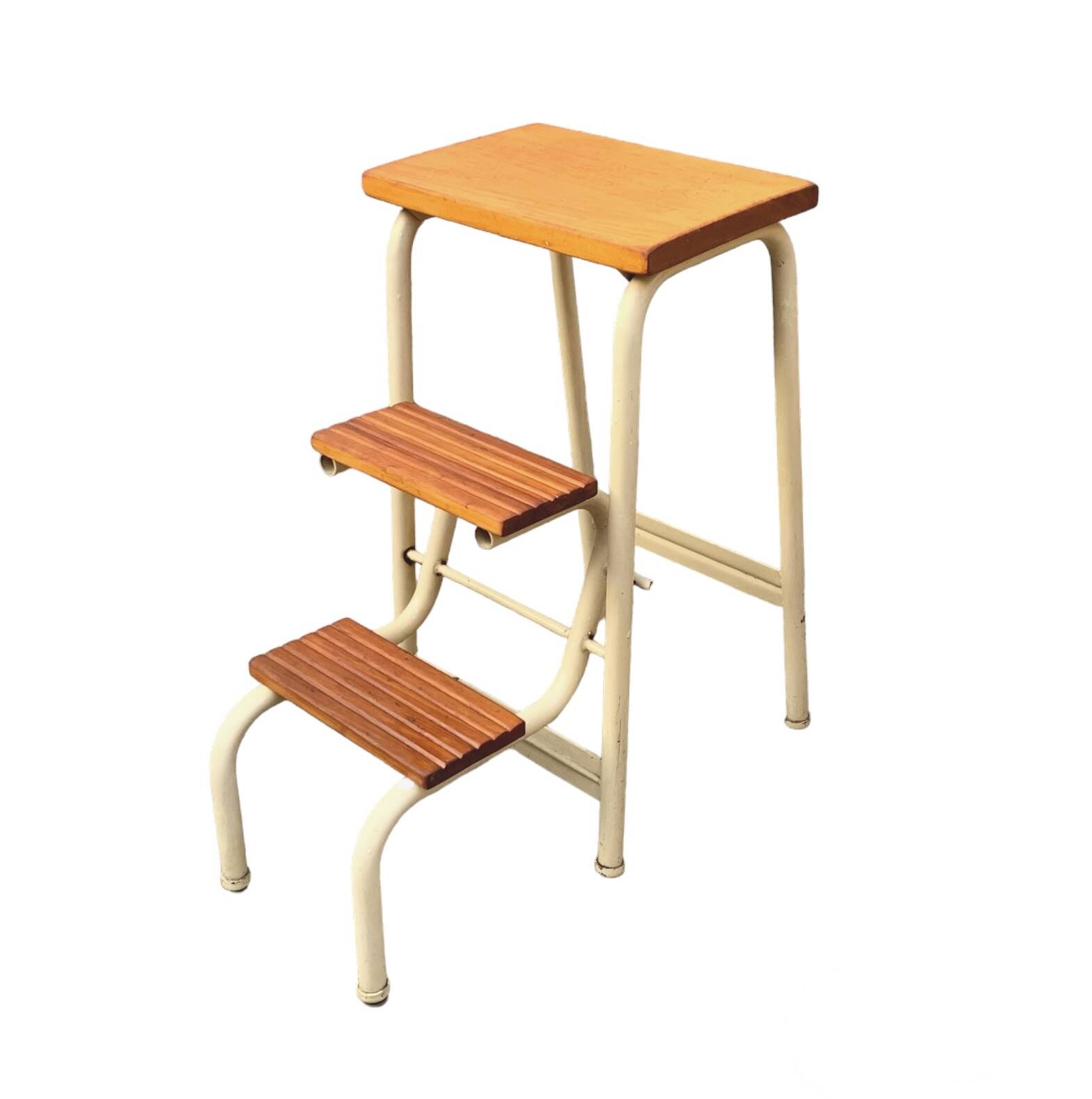 Vintage step stool in wood and steel