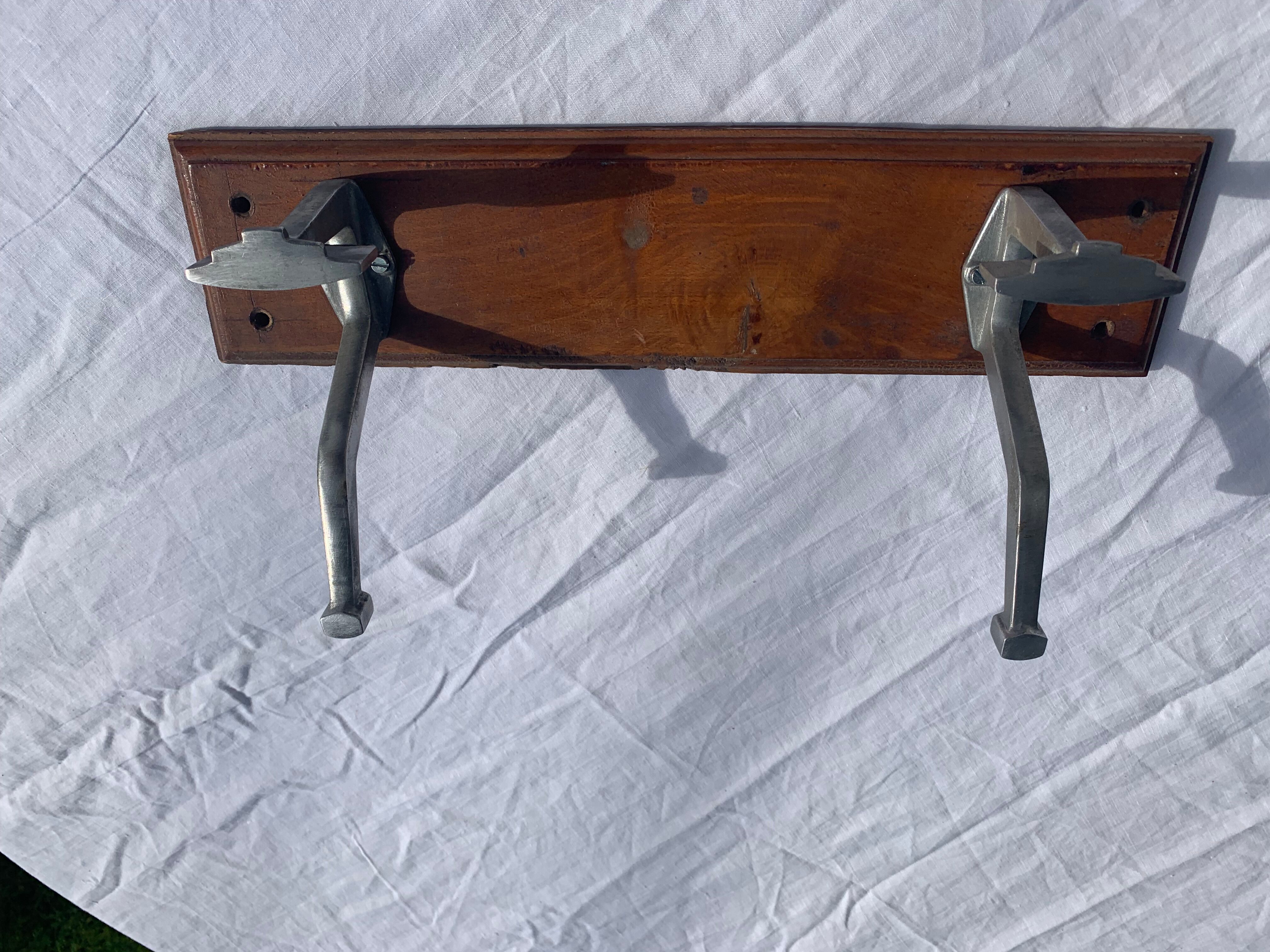 Wall coat rack two old metal hooks on vintage varnished wood