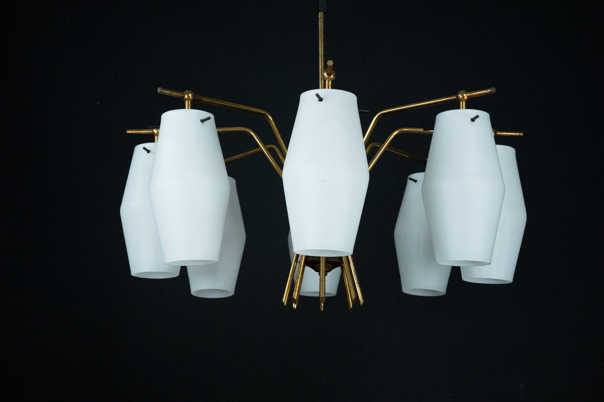 Mid-century chandelier with eight opaline glass shades