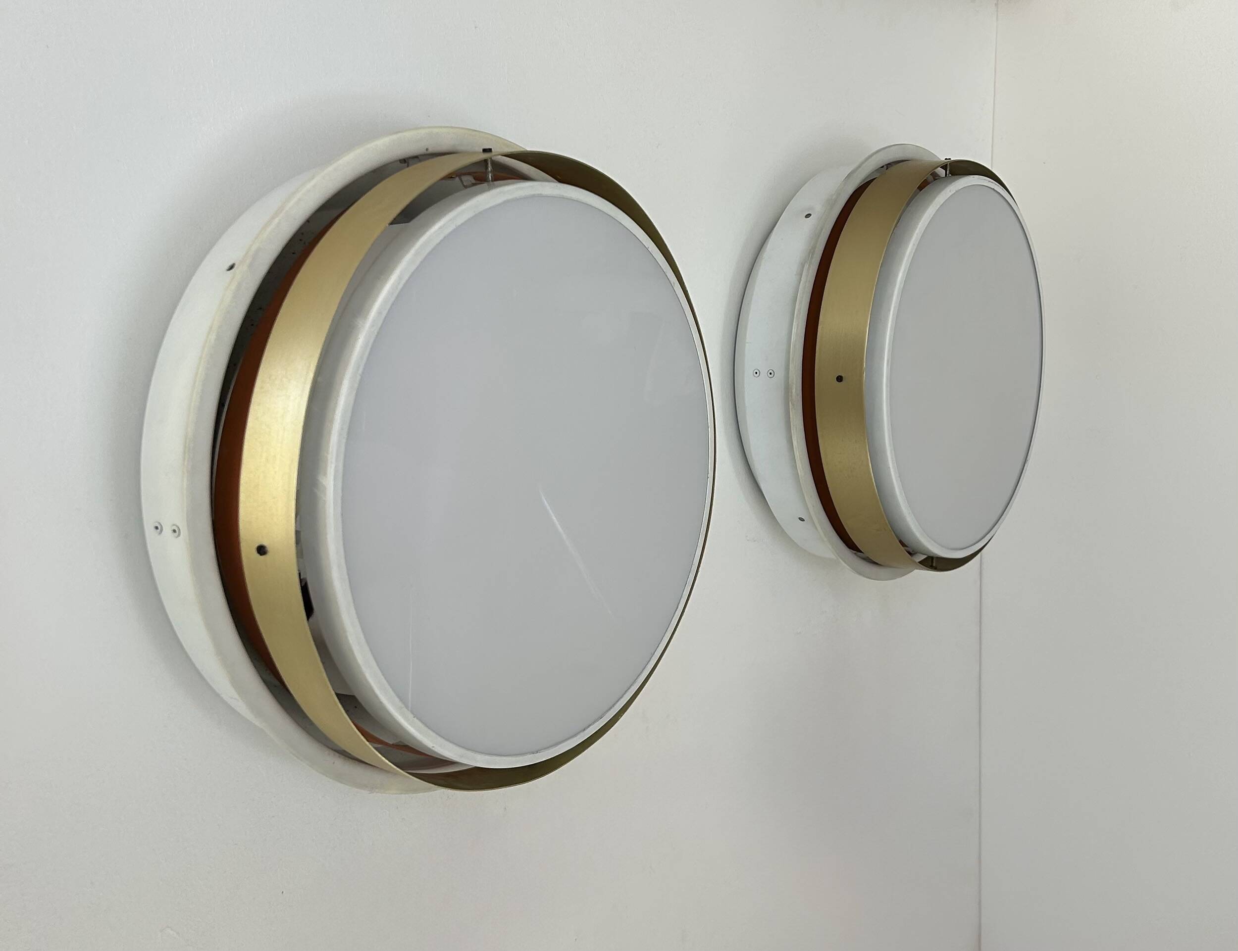 Pair of vintage XL wall lights, brass and opaline glass, Denmark 1970