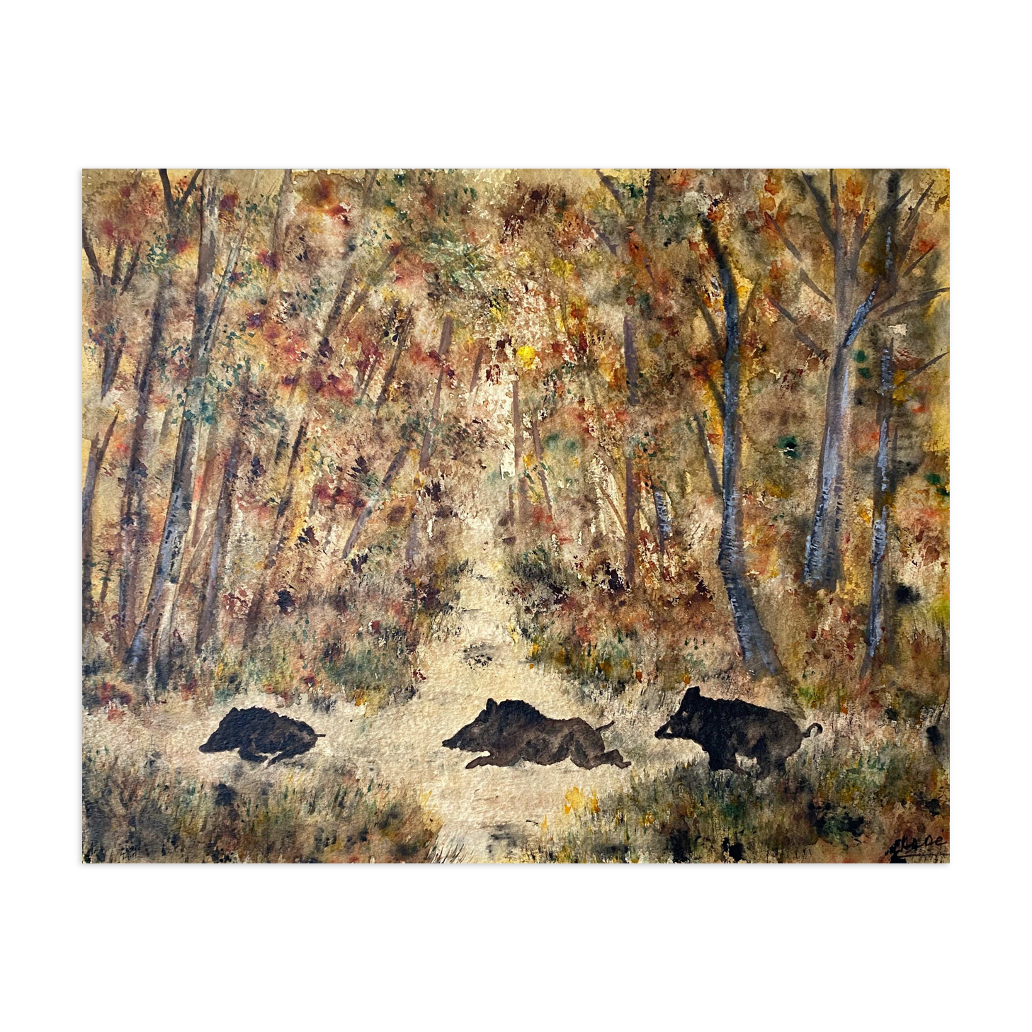 Painting Gouache Watercolor "herd of wild boar in the forest" HSC signed Carré