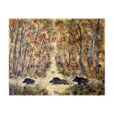 Painting Gouache Watercolor "herd of wild boar in the forest" HSC signed Carré