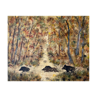 Painting Gouache Watercolor "herd of wild boar in the forest" HSC signed Carré