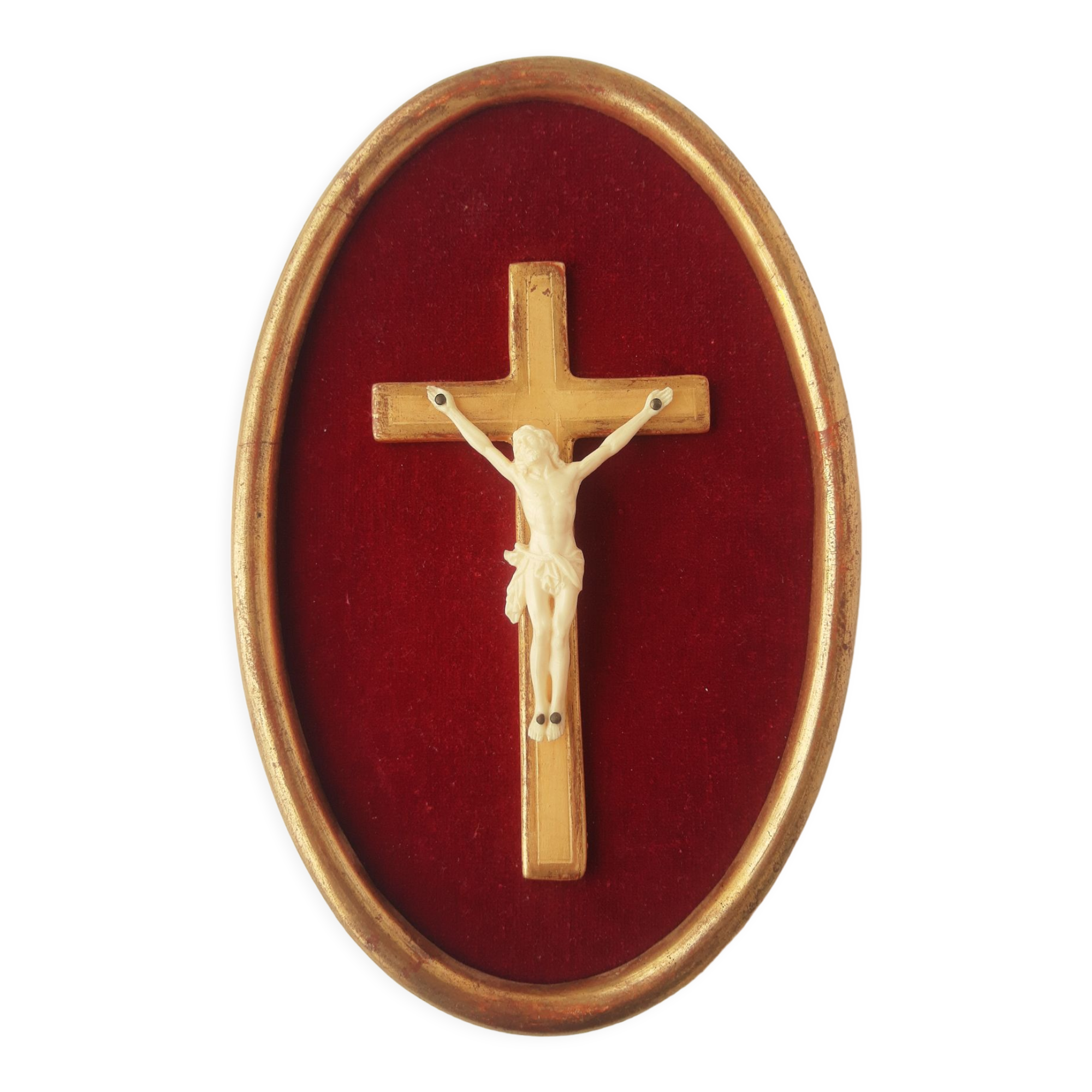 Vintage burgundy vet oval religious frame