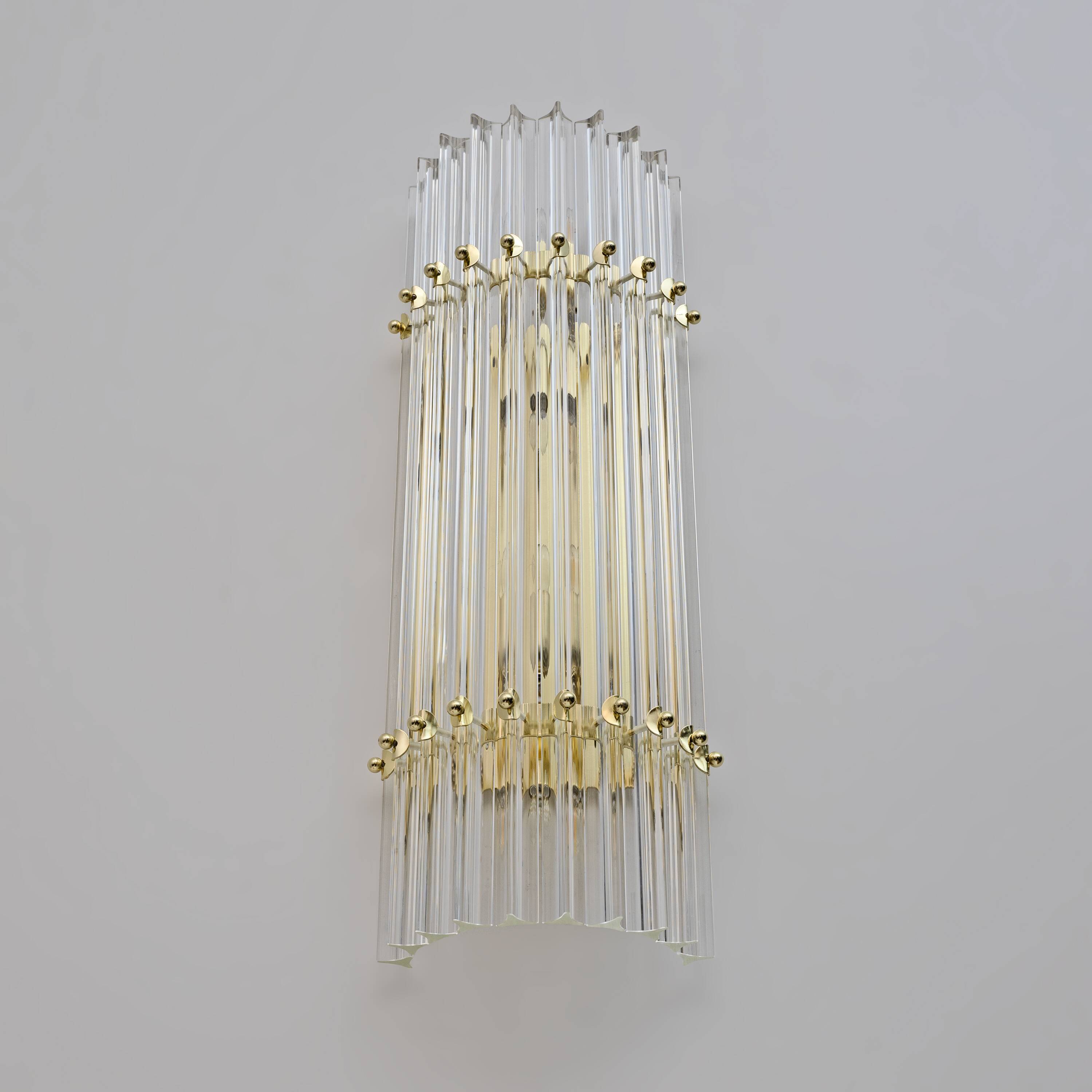 Pair of Venini Style Mid-Century Brass and Murano Glass "Triedri" Sconces