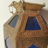 Oriental style hanging lantern in brass and dark blue glass