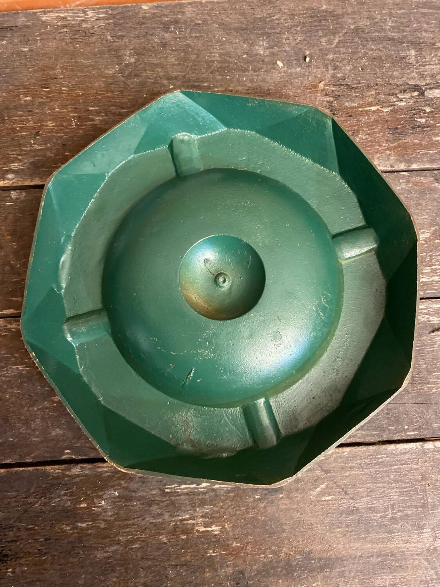 Vintage Green Metal Octagonal Ashtray + Brass
