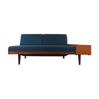 Norwegian daybed sofa in teak and blue fabric, renovated, vintage scandinavian 1960s