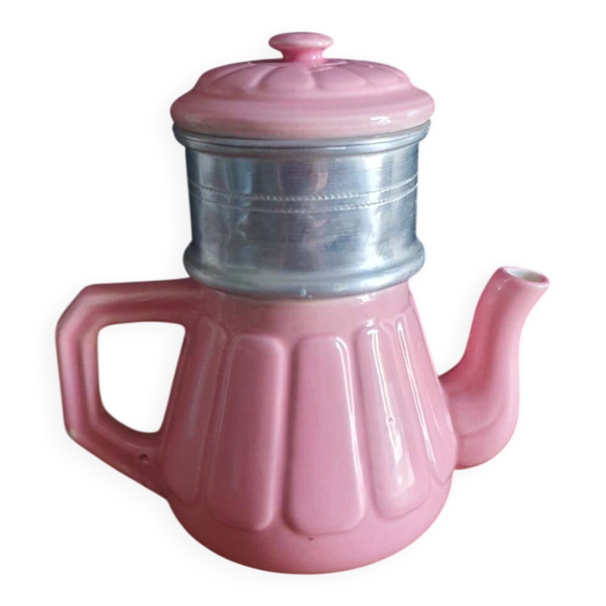 small pink ceramic coffee maker