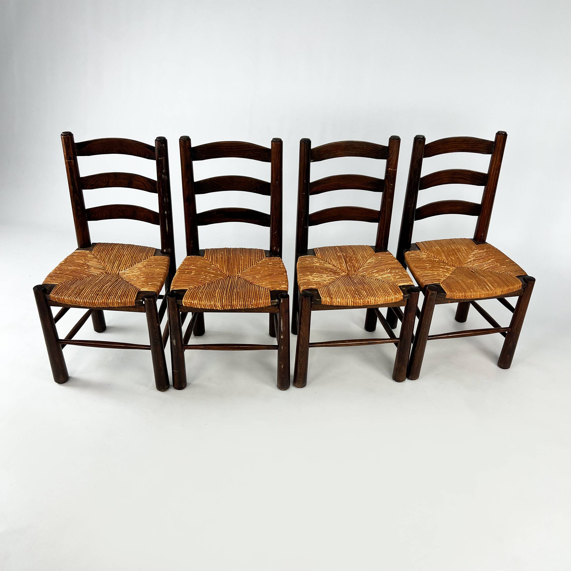 Set of 4 French Pine and Rush Dining Chairs, 1960s
