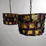 Very rare and unique set of pendant lamps, brutalist glass and metal by Felipe Delfinger for Feder, 1970s Mexico