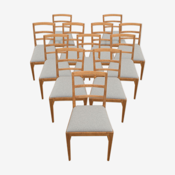 12 chaises de salle à manger en chêne du milieu du siècle par Fritz Hansen, rembourrage en laine naturelle, années 1950