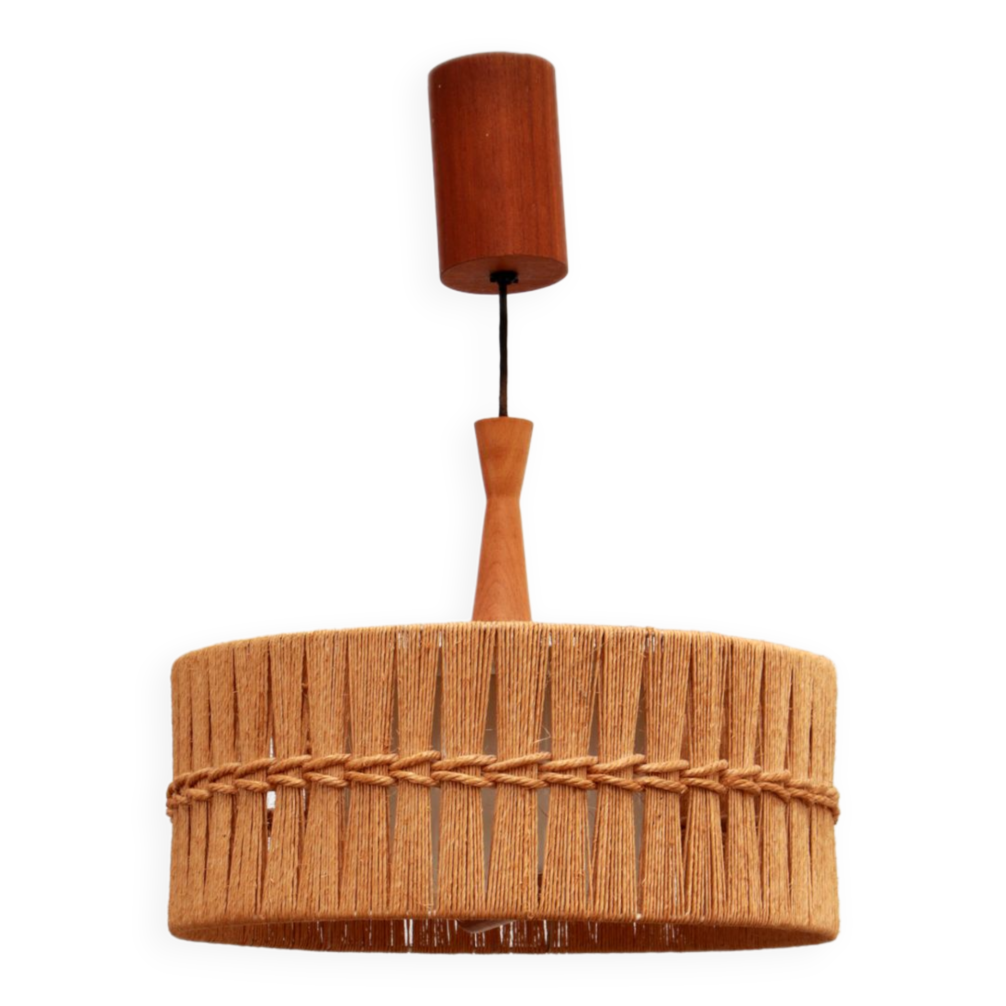 Vintage Temde Hanging Lamp with Teak and Raffia 1960s Germany.