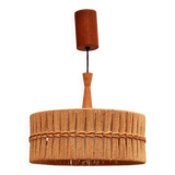 Vintage Temde Hanging Lamp with Teak and Raffia 1960s Germany.