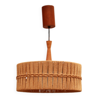 Vintage Temde Hanging Lamp with Teak and Raffia 1960s Germany.