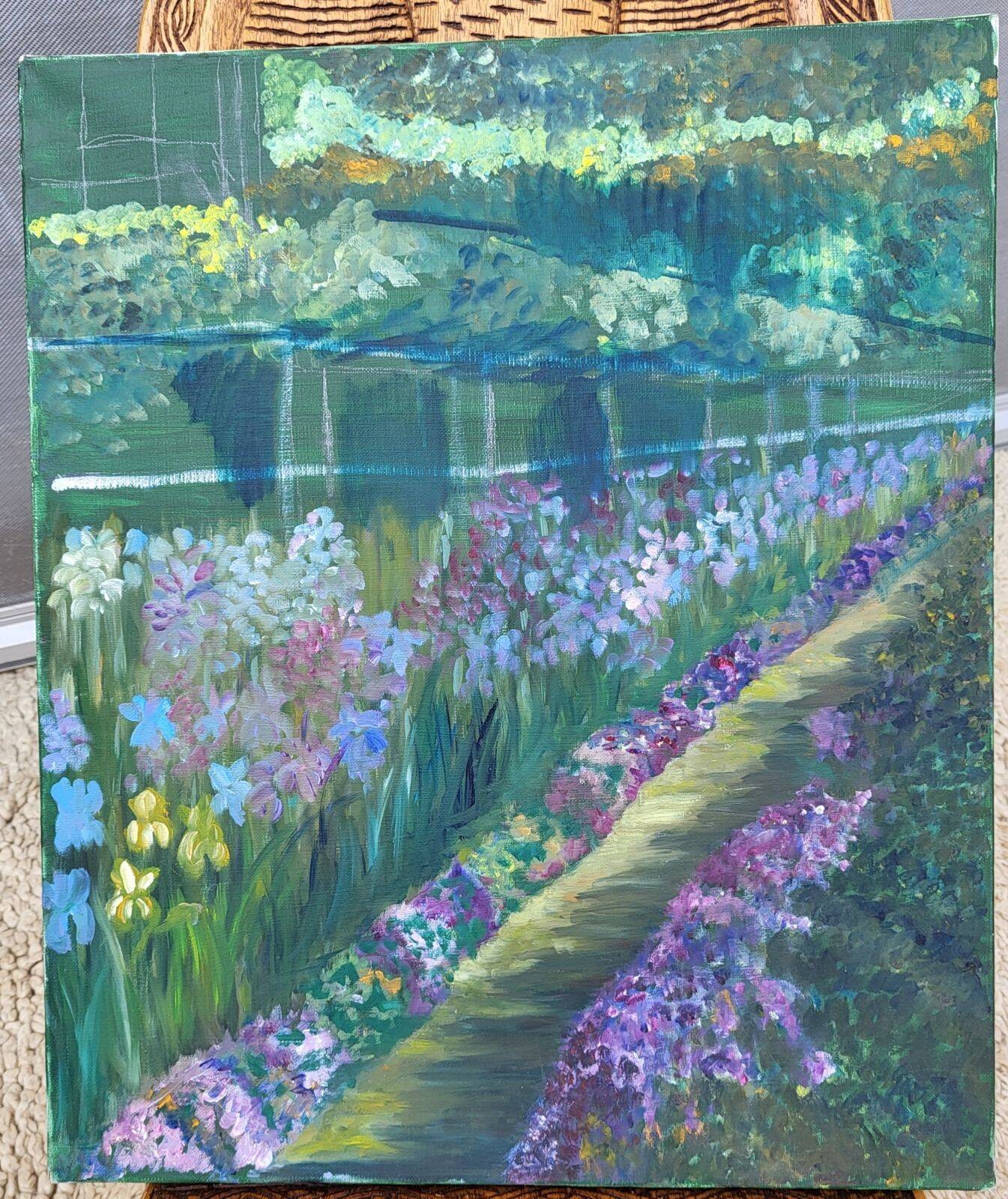 Huile sur toile impressionniste – "Le Jardin aux Iris"