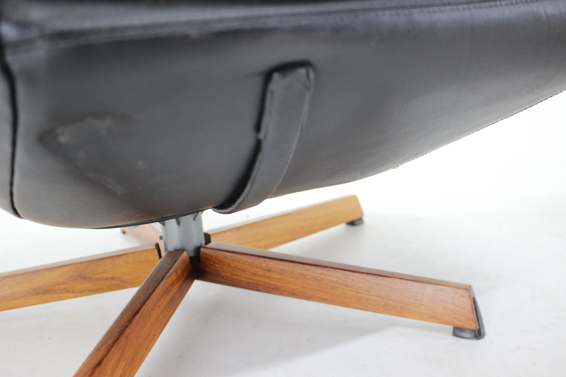 Madsen and Schubell Black Leather Reclining Chair and Stool, Denmark 1960