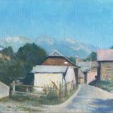 Painting "Village entrance, Mountain" signed frame
