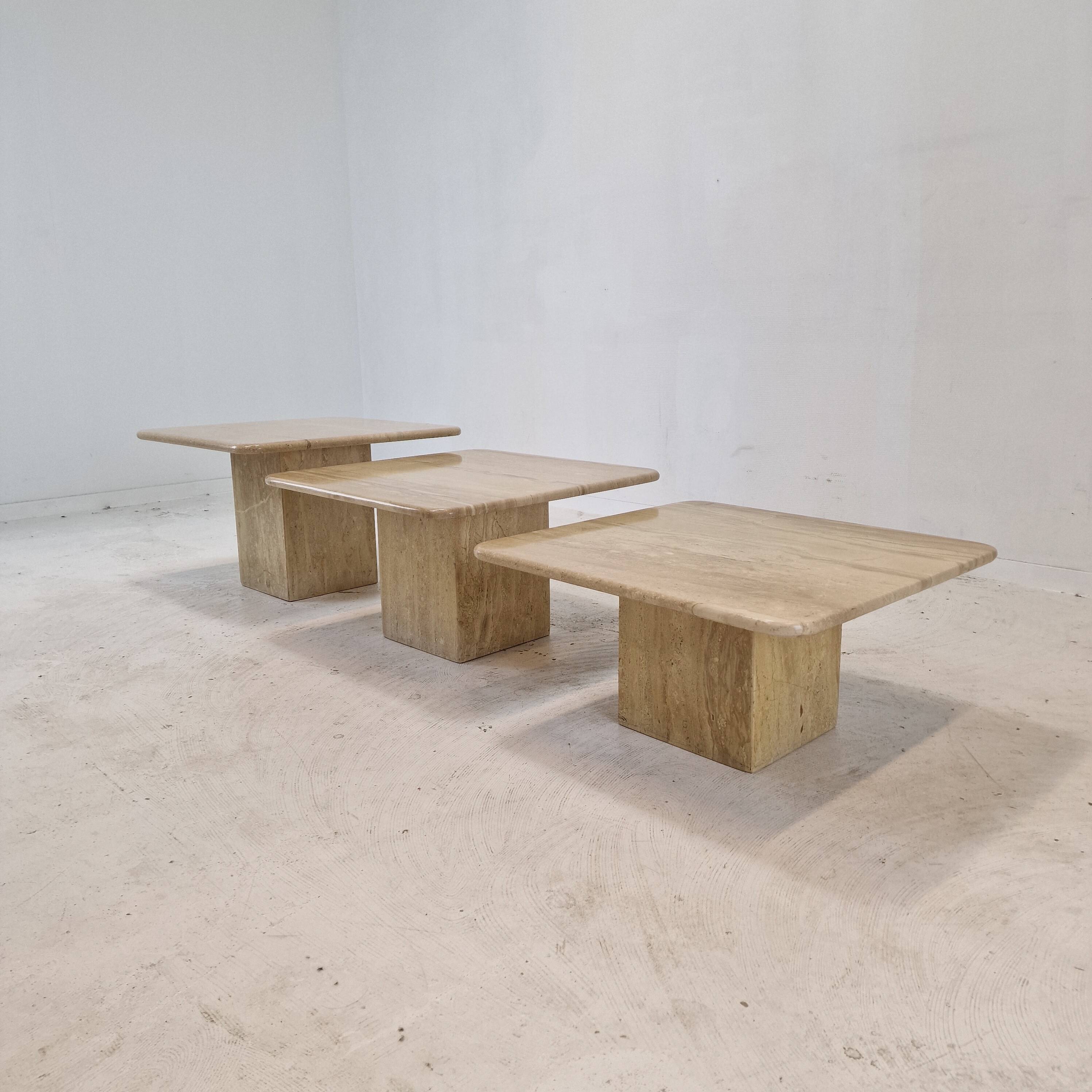 Set of 3 Italian Travertine Coffee or Side Tables, 1980s
