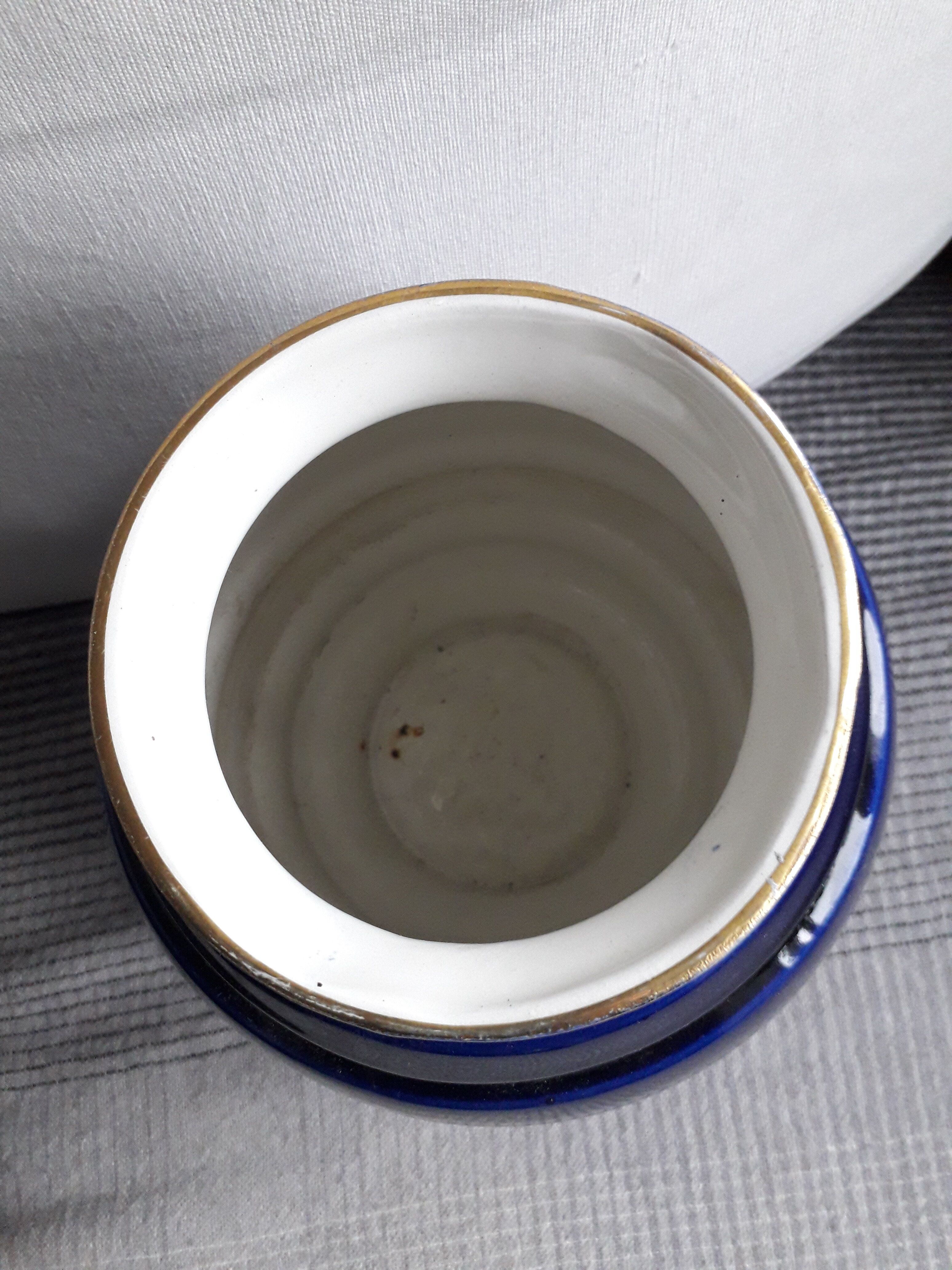 Large vintage ceramic vase in rounded blue and gold shape