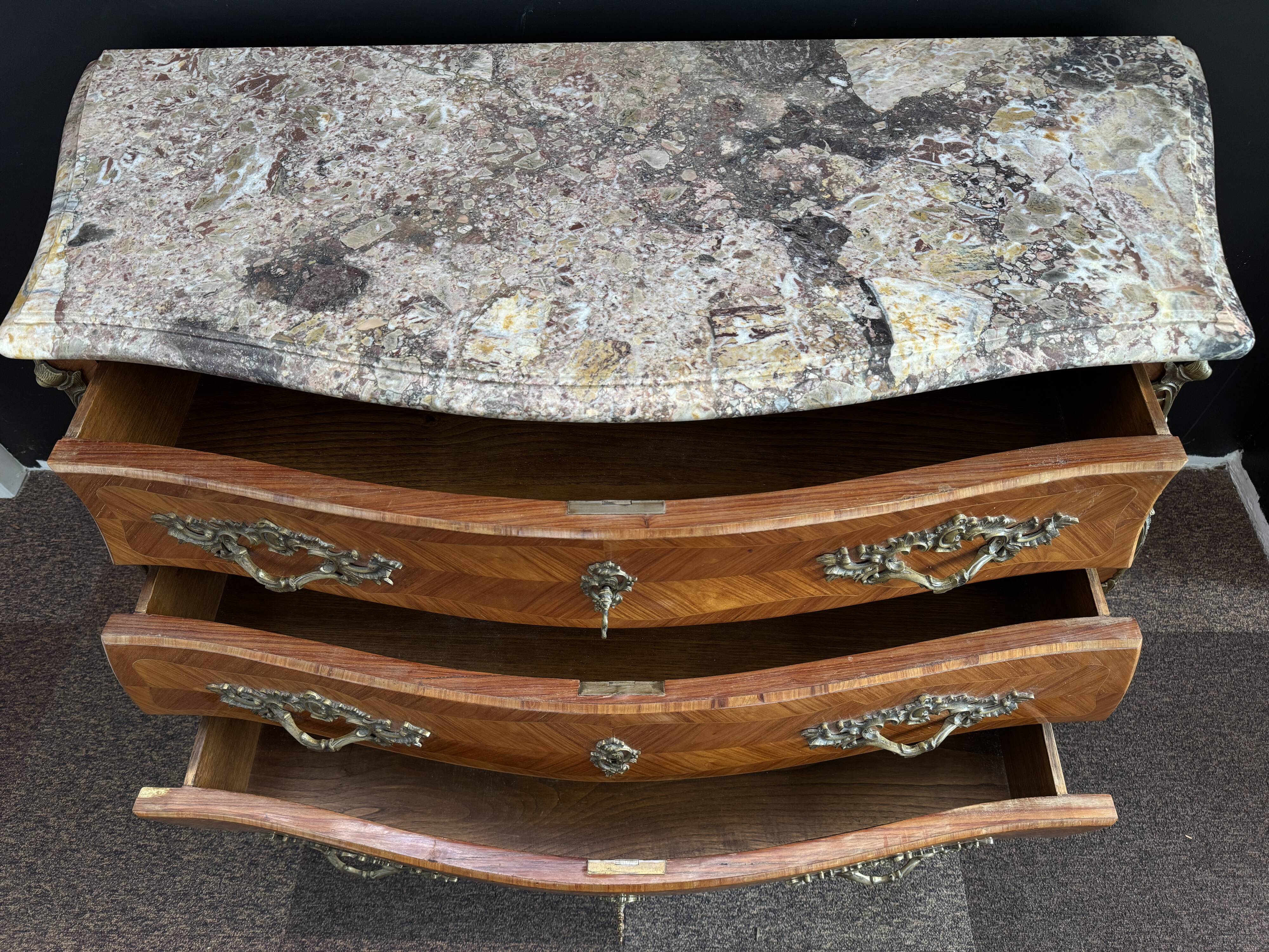 Bordeaux inlaid chest of drawers with marble and bronze ornament