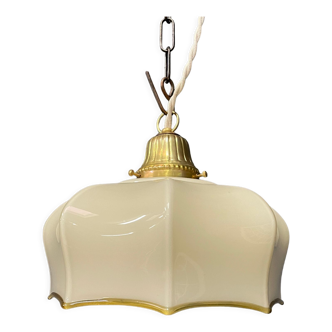 Vintage beige glass hanging lamp with brass fixture
