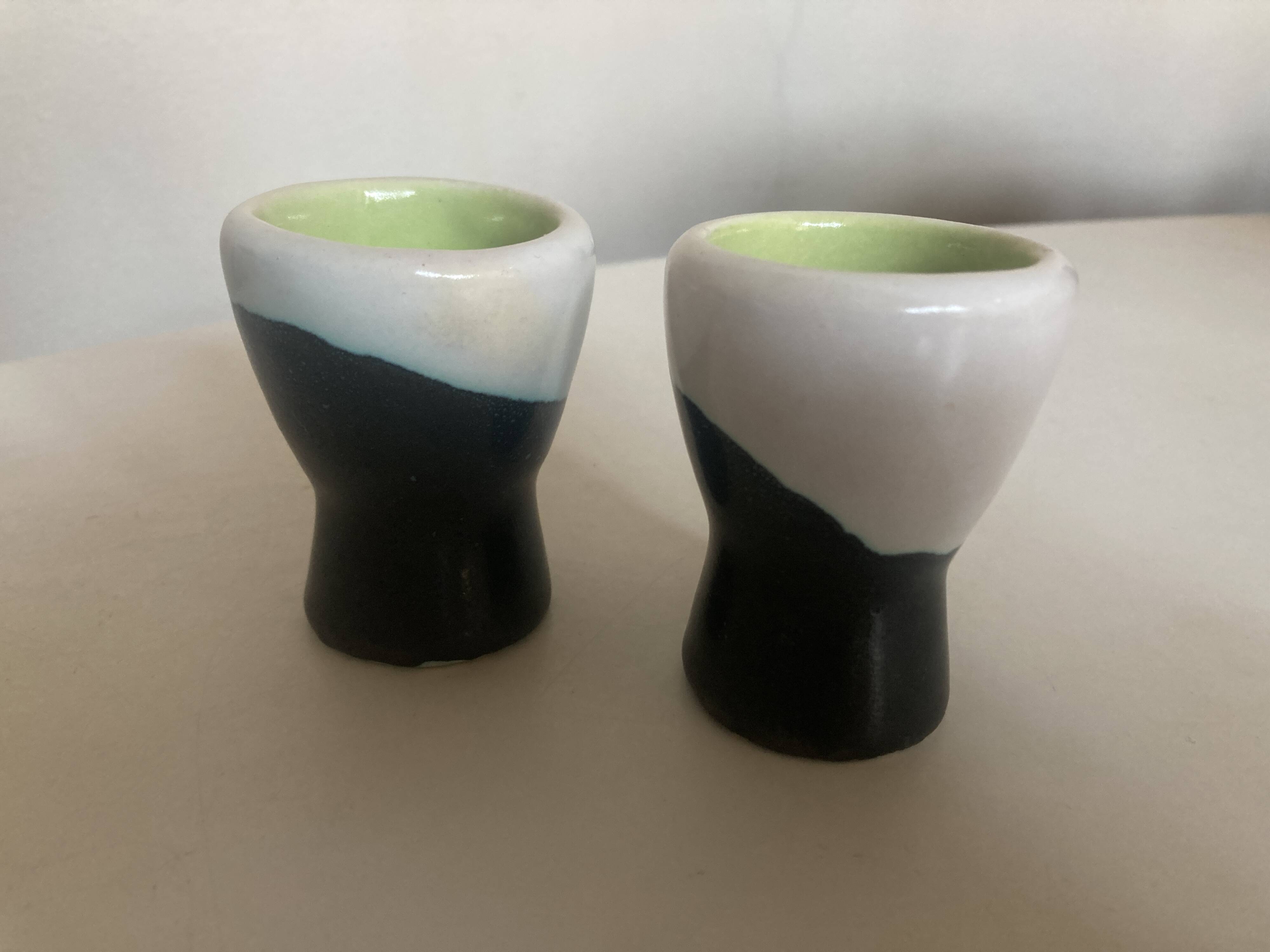 pair of green lined Vallauris 196O egg cups