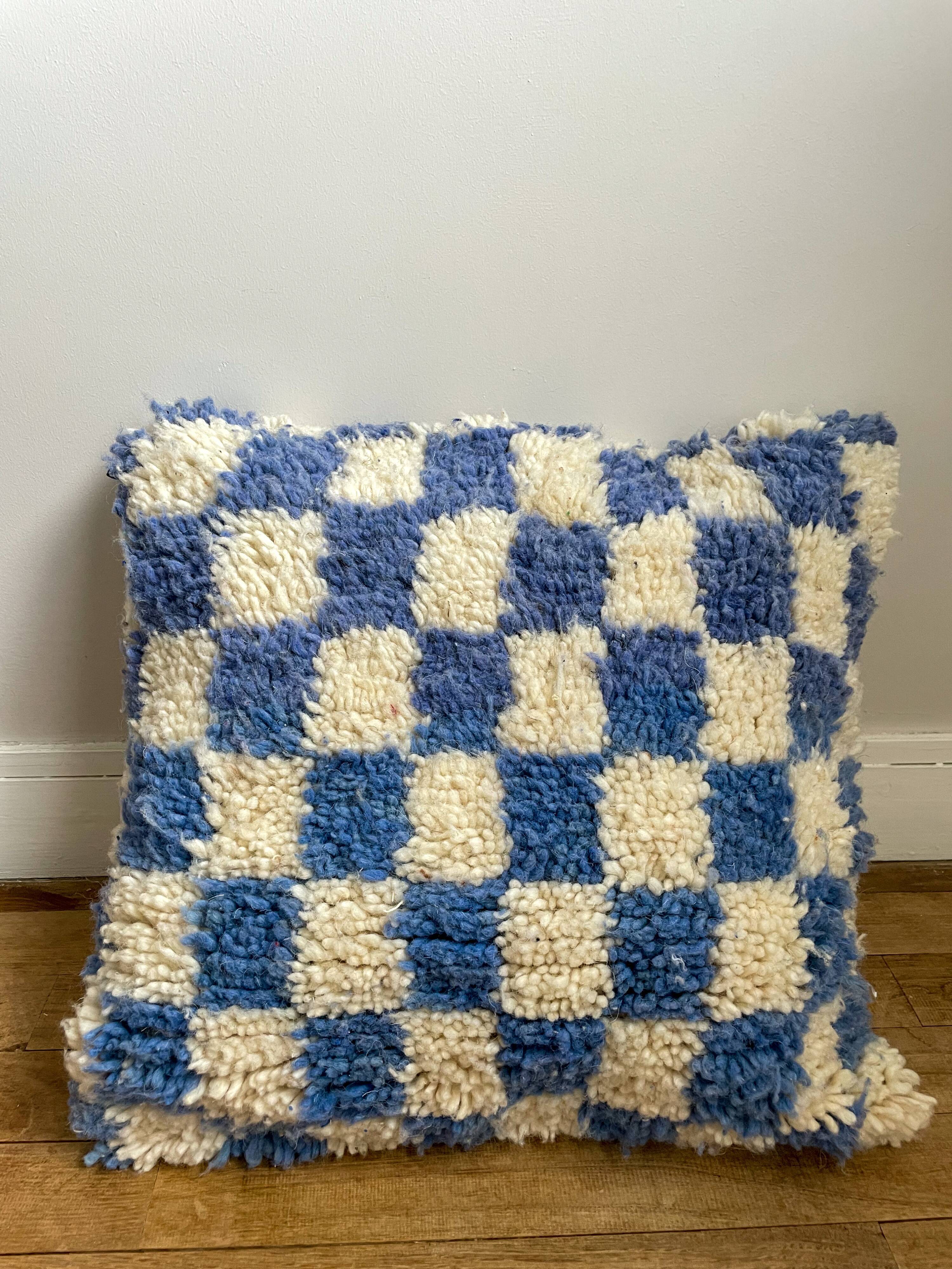Sky blue and white checkered wool cushion