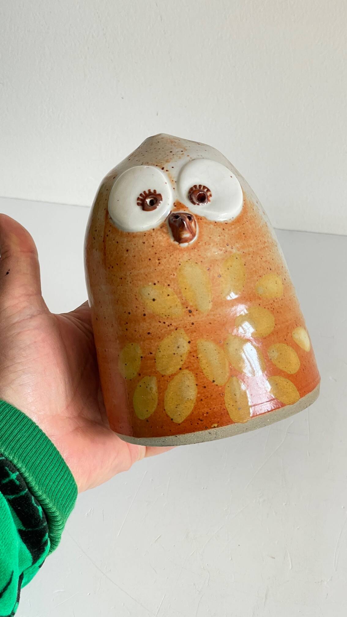 Vintage enameled stoneware owl money box