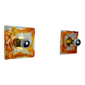 Pair of Murano Mazzega wall lights, orange frosted glass, Italy, 1970