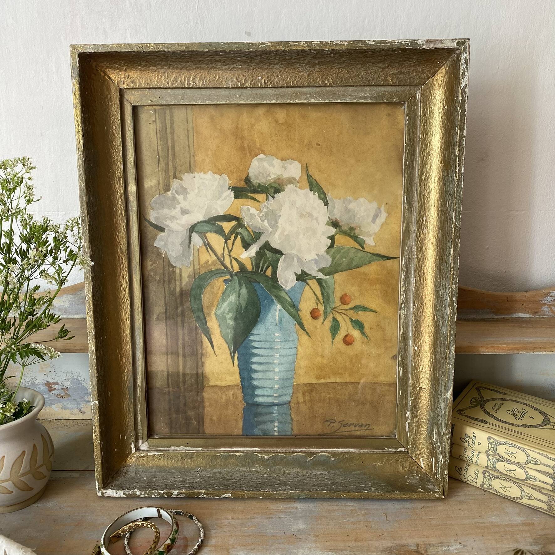 Old painting of a bouquet of flowers, watercolour of white peonies.