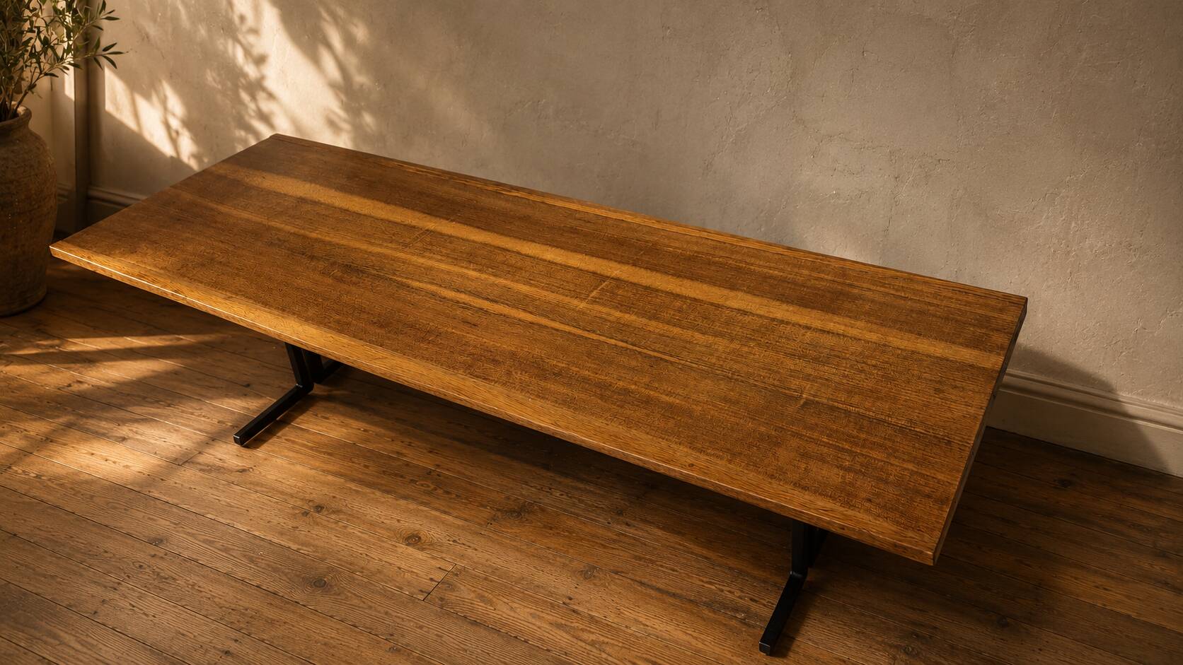 Vintage rectangular coffee table with a wooden top and black metal base, 1960s.