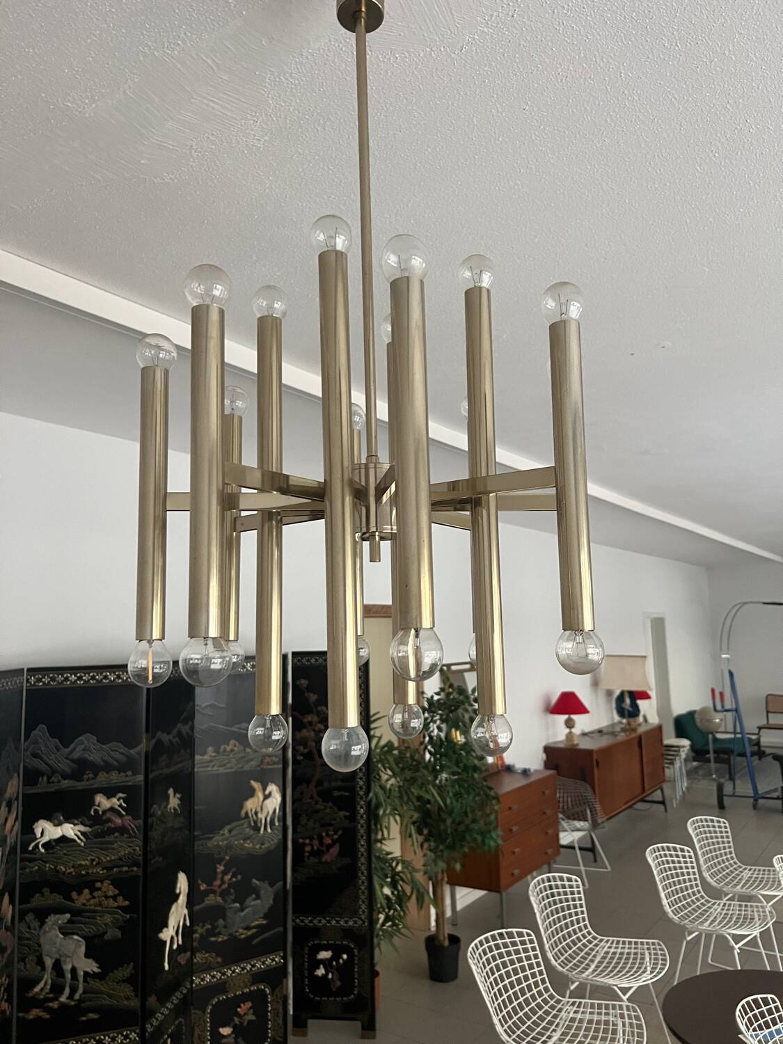 Grand lustre tubulaire Sciolari en laiton, Italie années 1960