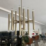 Grand lustre tubulaire Sciolari en laiton, Italie années 1960